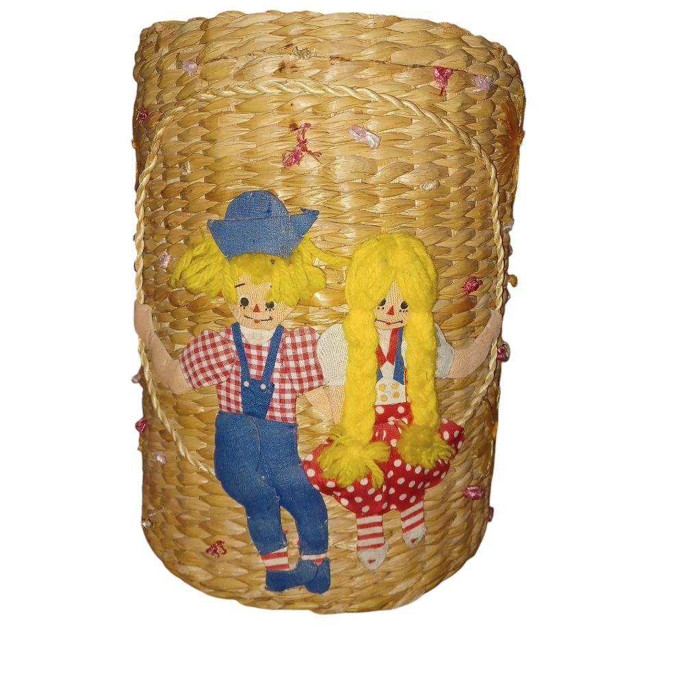 MCM 60’s Child’s Nursery Handcrafted Waste Basket- woven straw Raggedy Ann Andy